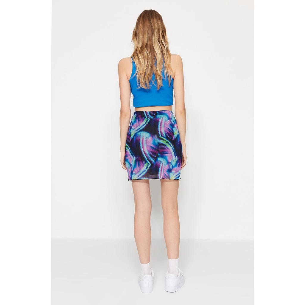 Brown Printed Tulle High Waist Lined Mini Knitted Skirt Twoss23et00050