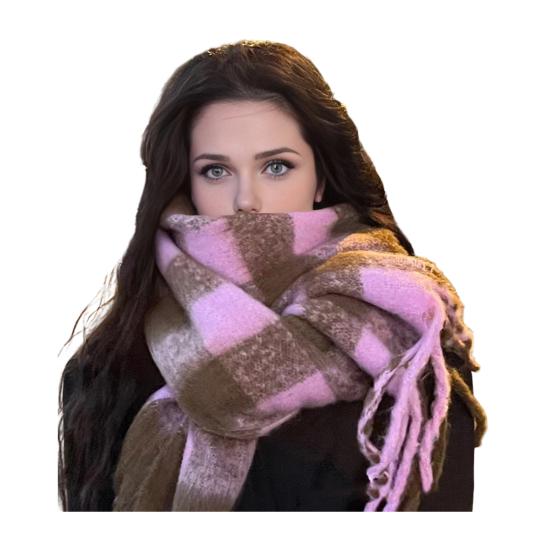 Winter Scarf Cashmere Feel Plush Scarf with Tassel Decoration Thickened Warm Plaid Pattern Winter