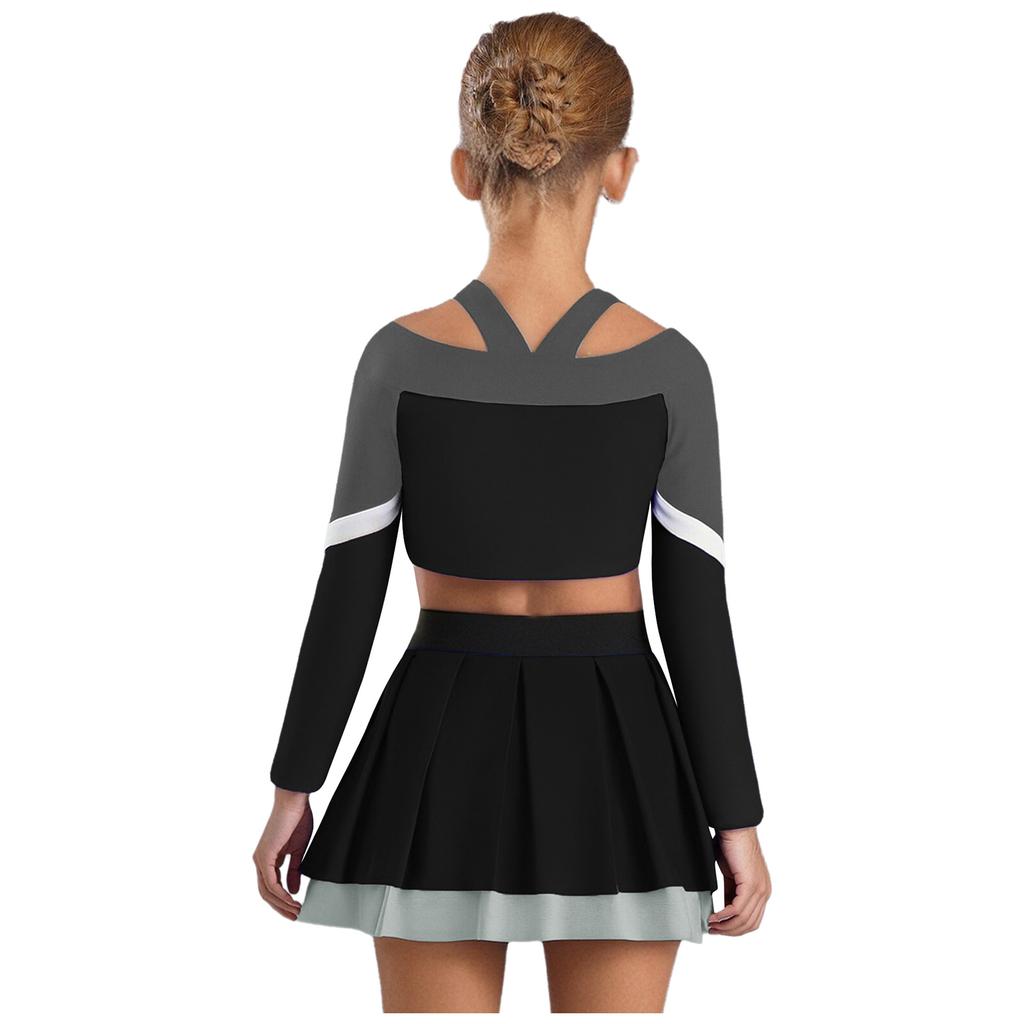 Girls Cheerleading Outfit Long Sleeve Letter Print Color Block Crop Top Pleated Skirt Set
