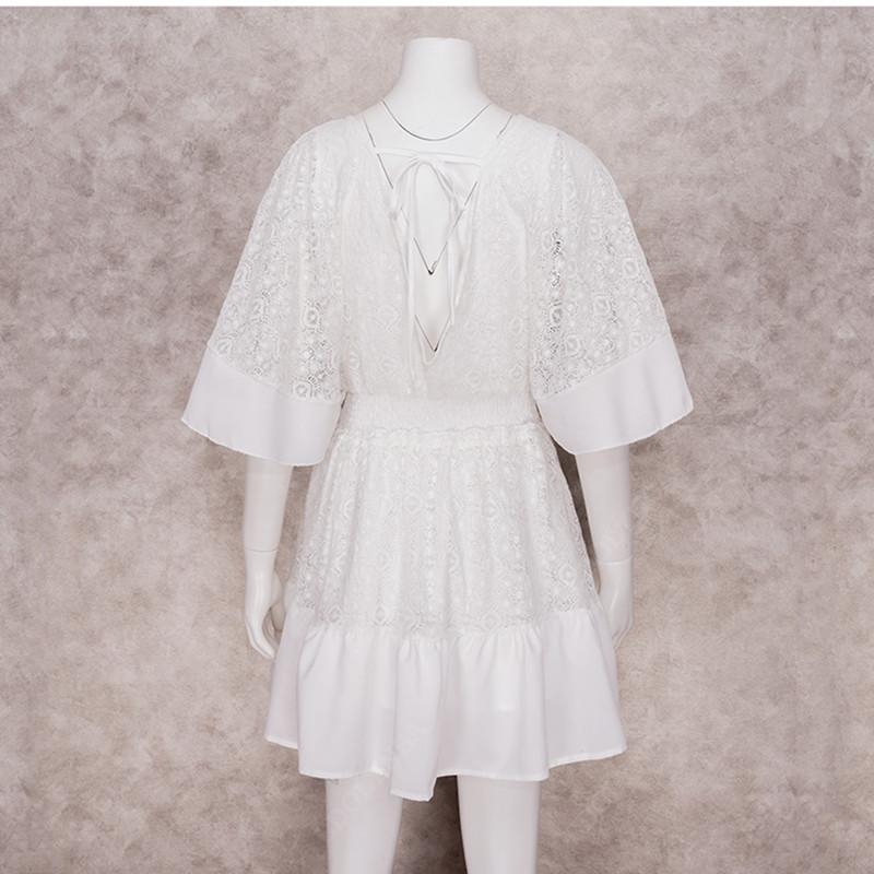 White Lace Tunic Sexy Deep V Neck Button Bikini Cover-ups Women Clothes 2022 Summer Sexy Ruffles Long Sleeves Mini Dress A1132