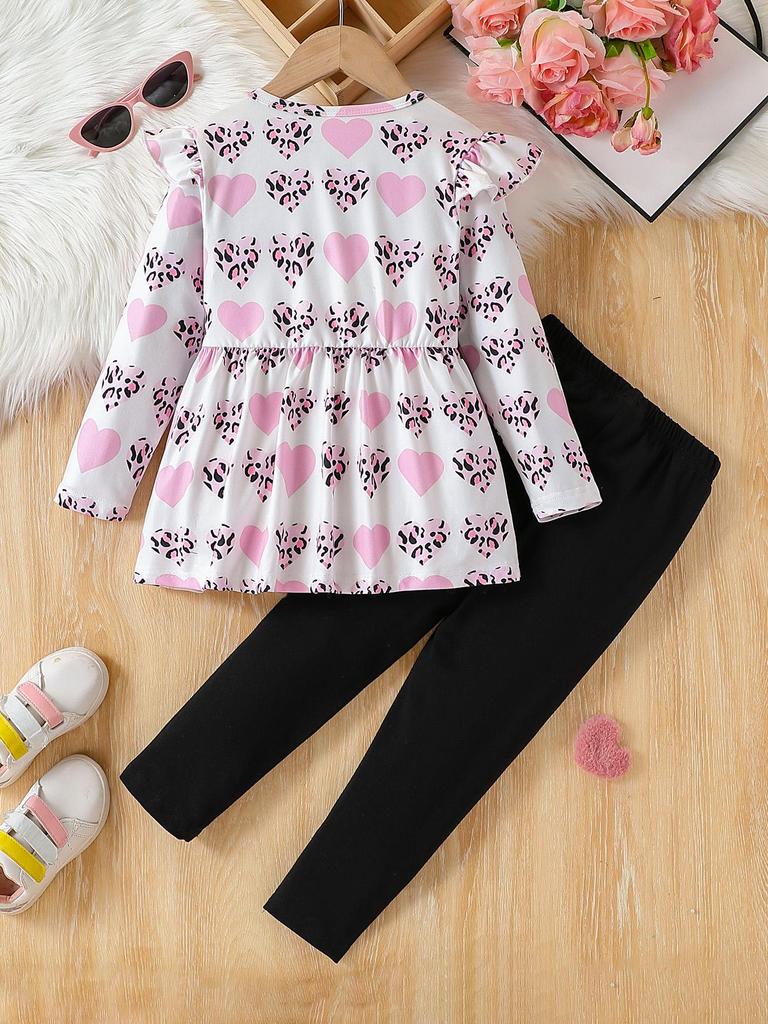 Girls 2 Piece Outfit 4-7Y Pink Leopard Heart Print Top and Black Leggings Sweet Cool Style Kids Clothing Set fit Kids Daily Wear