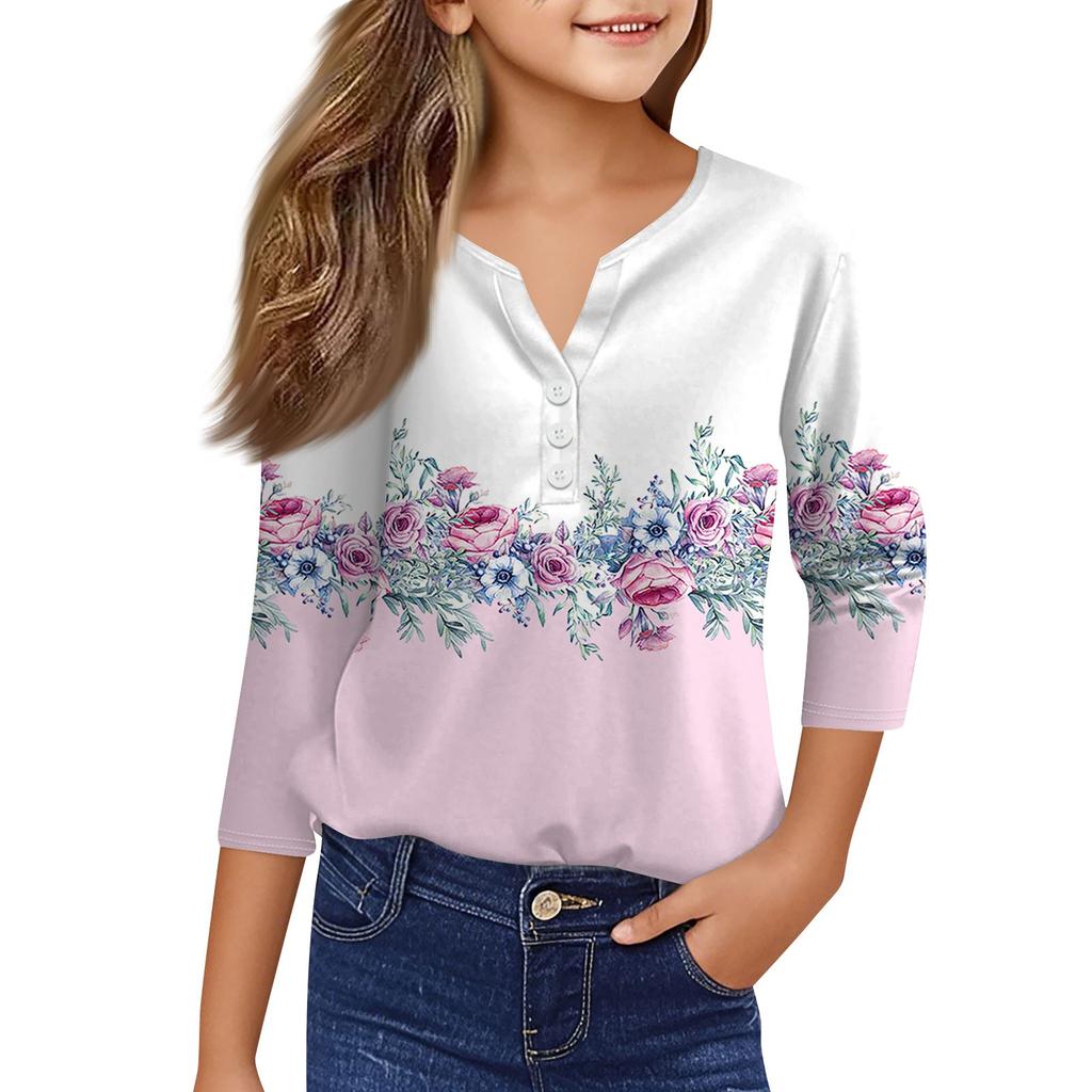 Повседневные модные топы для девочек с принтом, футболка с семью рукавами и пуговицами