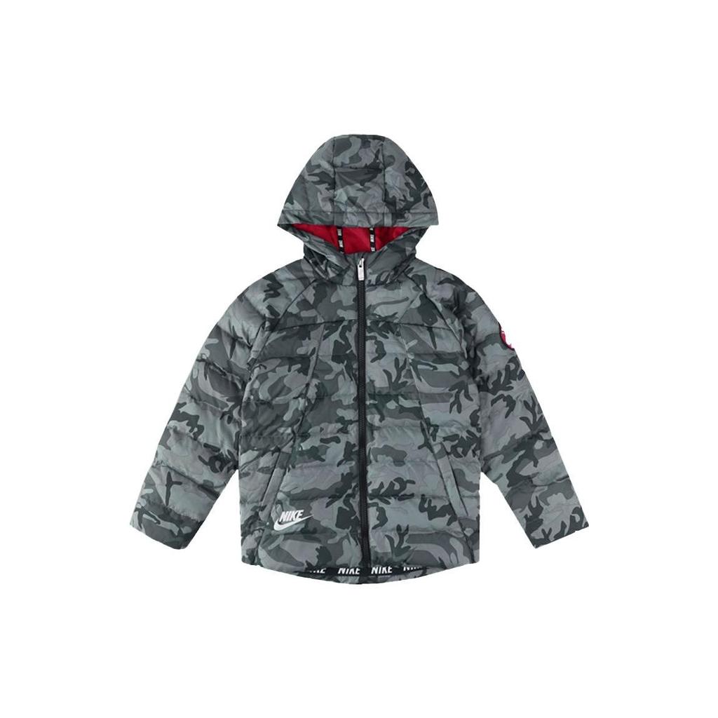 Nike Winter Full Print Pattern Zipper Hooded Down Jacket Kids Outerwear Gray HA5143-030