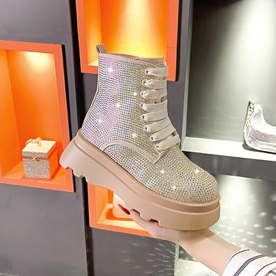 Мода Новые Модные Блестящие Роскошные Женские Сапоги Толстая Плюшевая Платформа Женские Ботильоны Зимние Дизайнерские Теплые Туфли с Водяными Бриллиантами