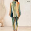Women Plus Size Green Yellow Printed Half Zip Long Sleeve Top And Long Pants Two Piece Set