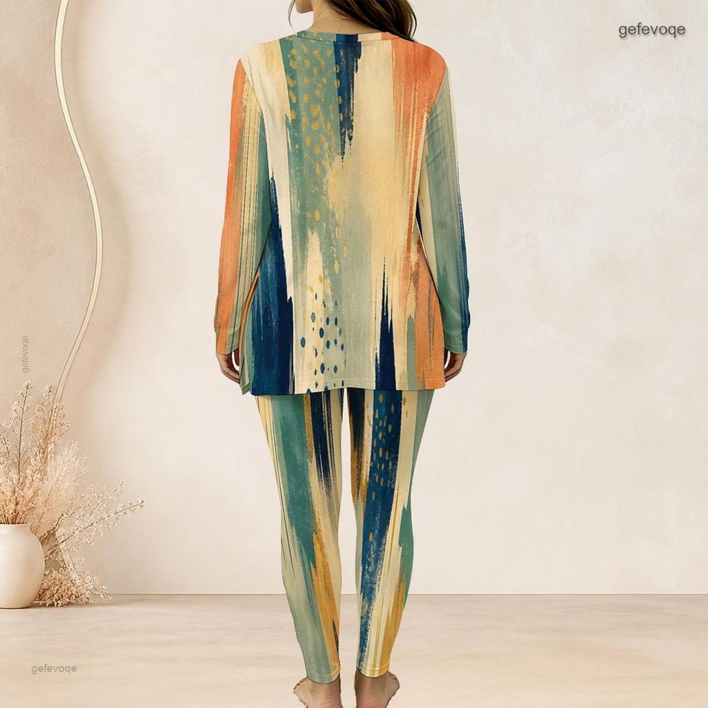 Women Plus Size Green Yellow Printed Half Zip Long Sleeve Top And Long Pants Two Piece Set