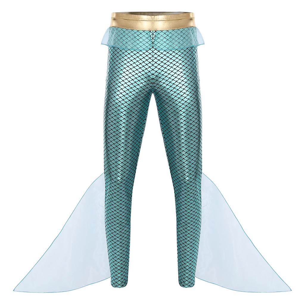 Mens Mermaid Pants King of the Seas Costume Elastic Waist Metallic Shiny Fishscale Print Tights Leggings