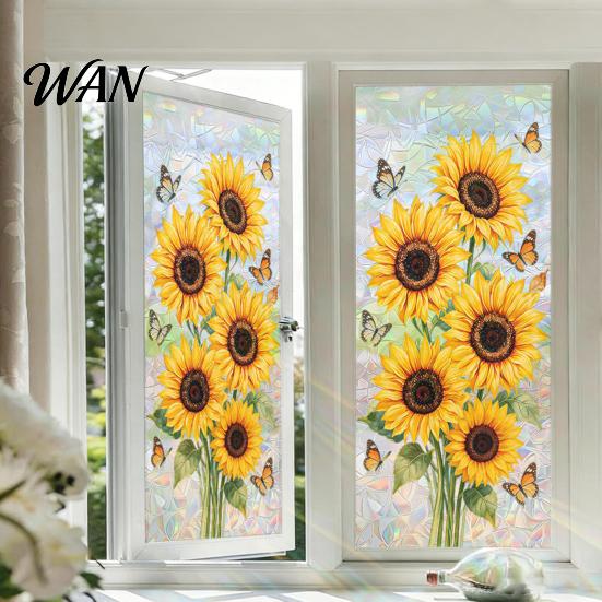 Transparent Window Decal Stained Glass Film Rainbow Flowers Decorative Decals But Not See-through Sun Blocking Removable Static Sticker for