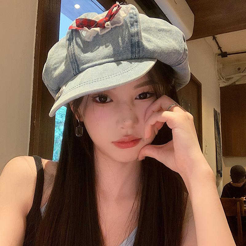 Y2K кружевной бант дизайн облако береты шапки для женщин показать лицо маленький летний осень повседневный универсальный корейский ретро джинсовый восьмиугольная шляпа