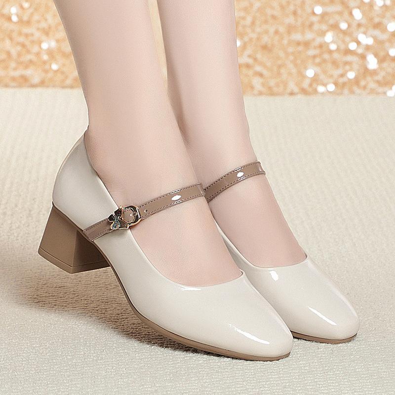 Spring New Women's Black Mary Jane Shoes Soft Leather Square Heel Dress Shoes Shallow Mouth Buckle Strap Single Shoes