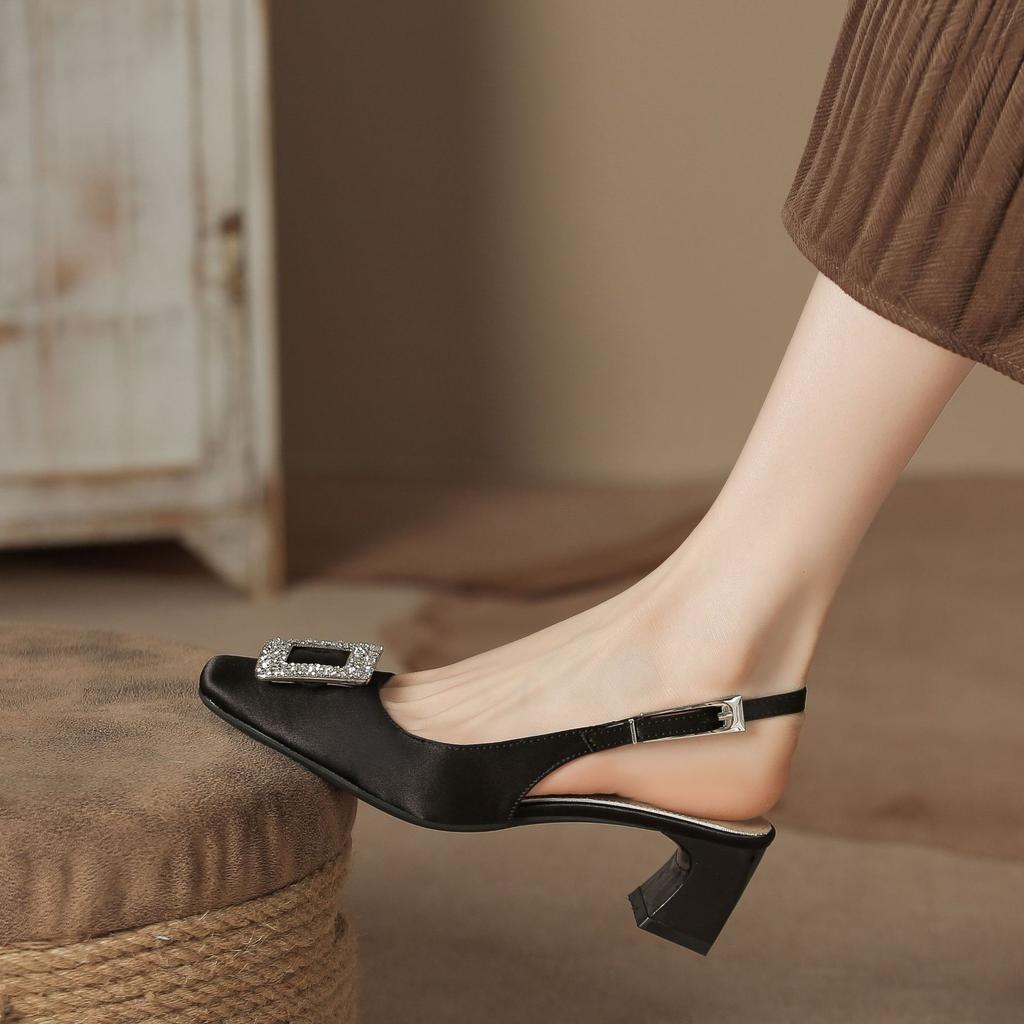 Spring and summer square head high heel empty shoes thick heel French shoes summer fashion versatile sandals women's satin rhinestone shoes