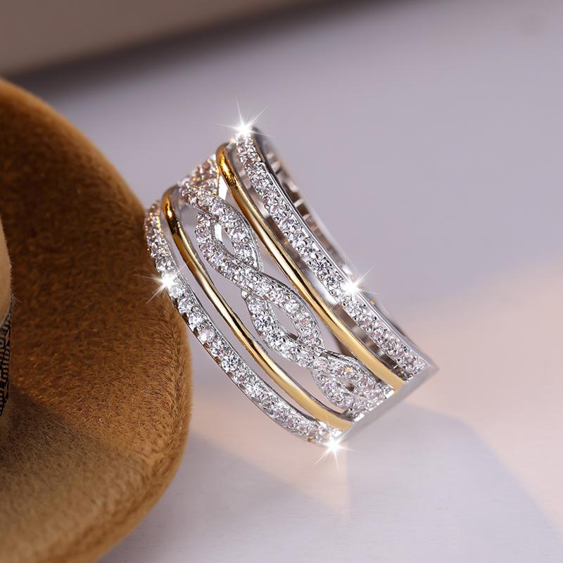 Роскошные многослойные широкие кольца золотого и серебряного цвета для женщин, блестящее белое циркониевое обручальное кольцо, свадебное ювелирное украшение, подарок