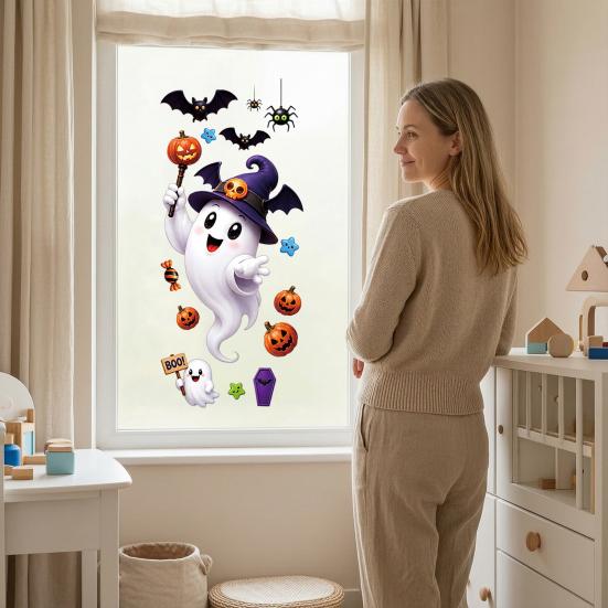 Reusable Holiday Window Film Halloween Witch Hat Ghost Clings, Spiders Bat Pumpkin Spooky Party Supplies Stickers for Home Store Glass Decoration PVC