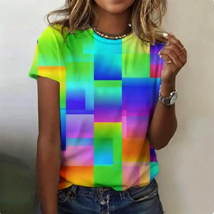 Женские футболки с круглым вырезом, 3D-принтом, модные, повседневные, с коротким рукавом - Мягкая полиэстеровая ткань средней эластичности, летняя одежда свободного кроя