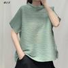 Футболка высокого класса в западном стиле с небольшим стоячим воротником, женская плиссированная весенняя новинка, свободный и облегающий модный топ с короткими рукавами