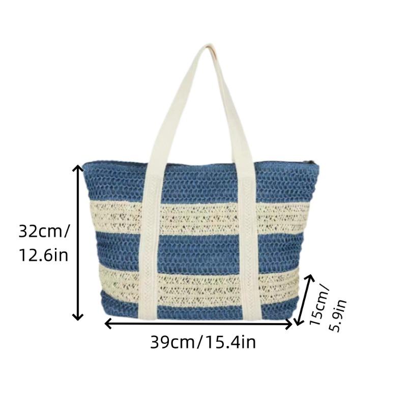 Striped Straw Bag, High-end Shoulder Woven Woven Bag, Large Capacity Tote Seaside Vacation Beach Bag