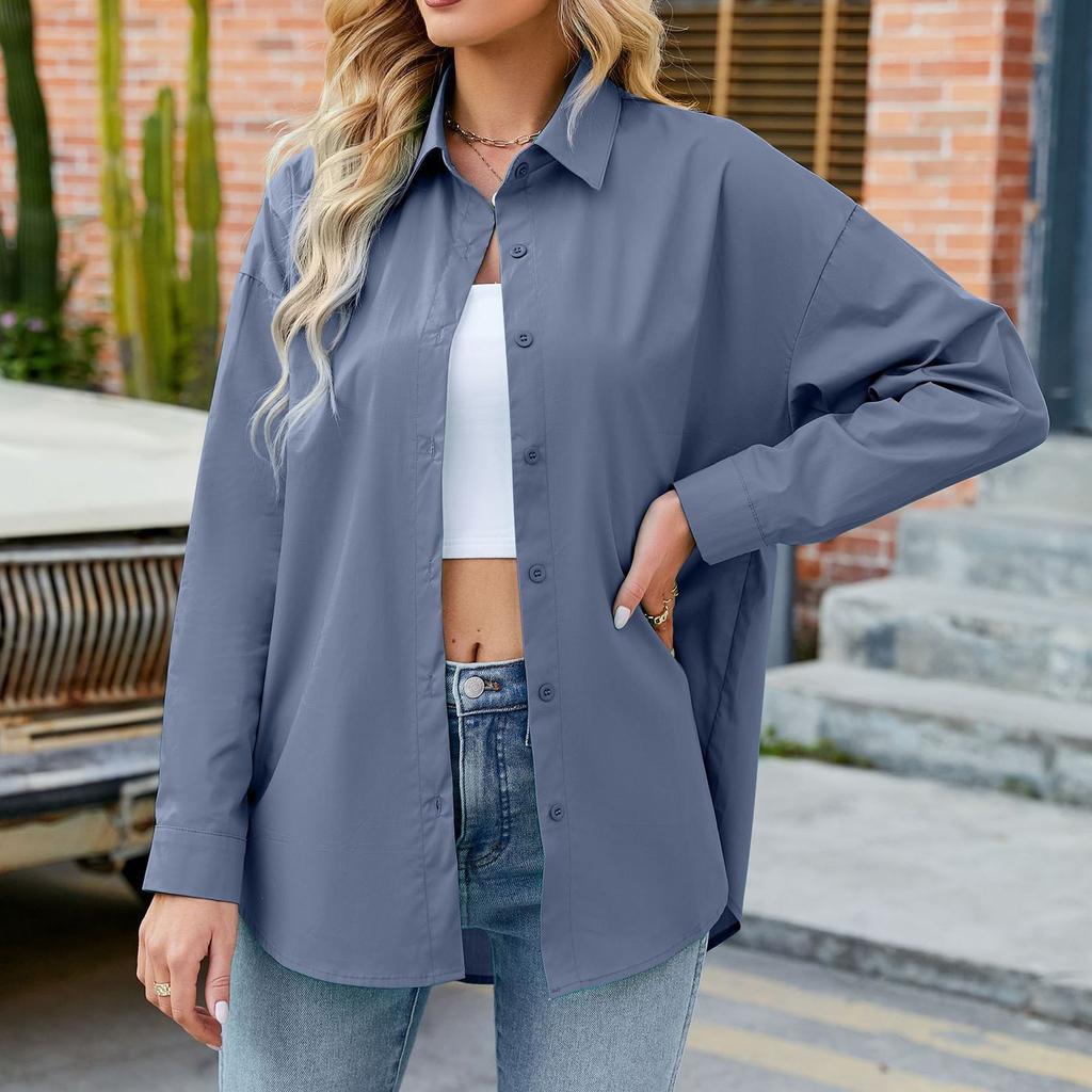 Women's Fashion Solid Color Loose Casual Single-Breasted Long Sleeve Shirt