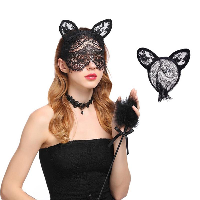 Sexy Lace Cat Ears Veil Headbands Black Hairbands Eye Mask Anime Cat Girl Cosplay Hair Accessories For Women Girls Christmas