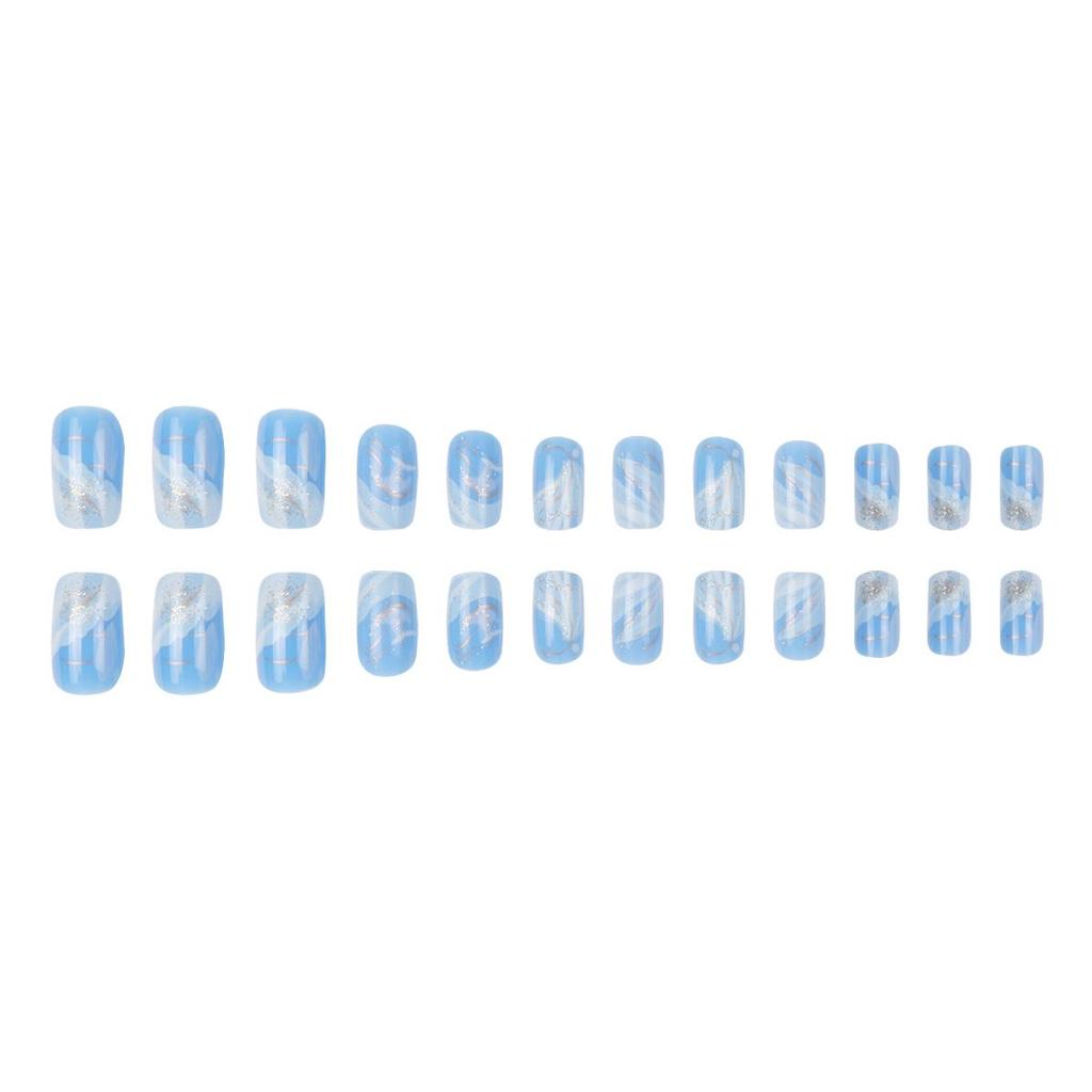 Fresh Blue & White Gradient Short Square Detachable False Nails with Irregular Lines