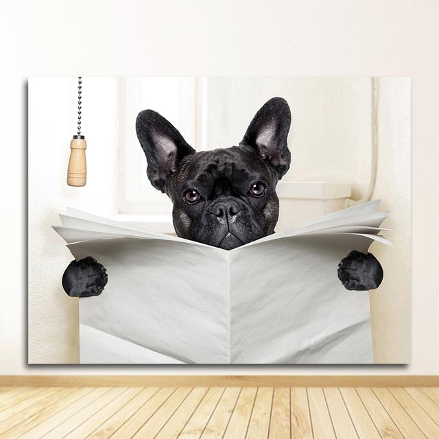 Picture Home Bathroom Decor Dogs Lover Gift Dog Reading Newspaper Toilet Wall Art Canvas Prints Funny Dog Painting Wall