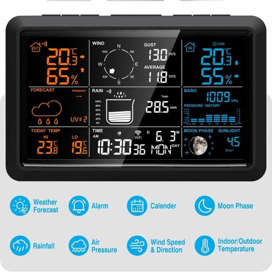 Tuya Wireless Weather Station Auto Alarm Clock Calendar Thermo-Hygro UV Sunlight Wind Rainfall Gauge Solar Panel Forecast Sensor