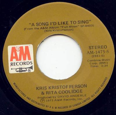 7-дюймовая пластинка KRIS KRISTOFFERSON & RITA COOLIDGE - A Song I'd Like To Sing AM1475S A&M 1973 Канада Поп Б/у