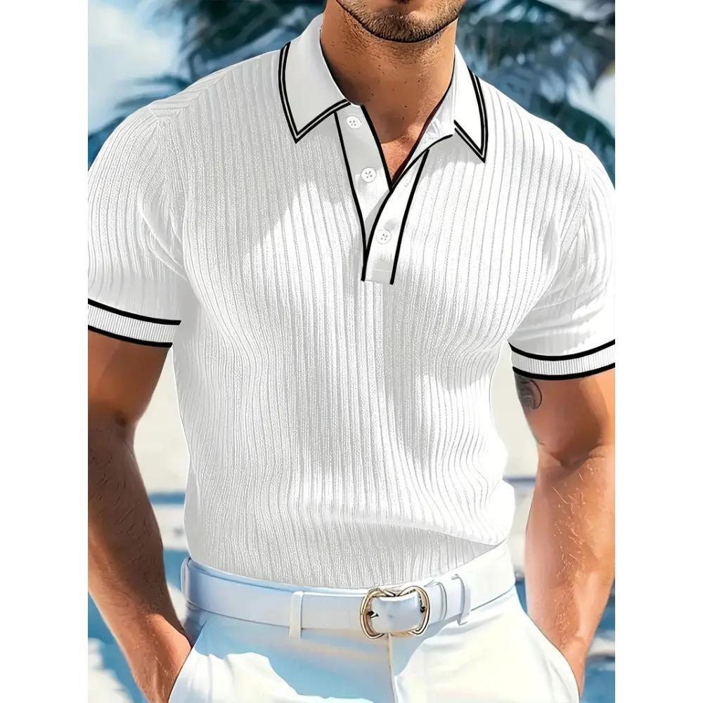 Новая мужская летняя рубашка-поло с коротким рукавом, блочная, в полоску, с воротником