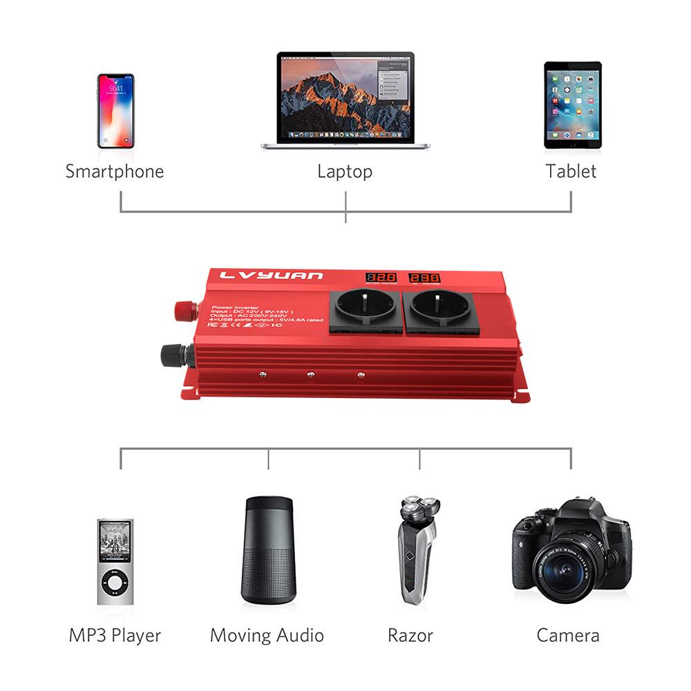 2000W (Вершина горы) DC12V/24V до 230V 800W Номинальная мощность Инвертор 4 USB порта, 2 EU 1 универсальная розетка переменного тока для кемпинга Домашние автономные солнечные системы