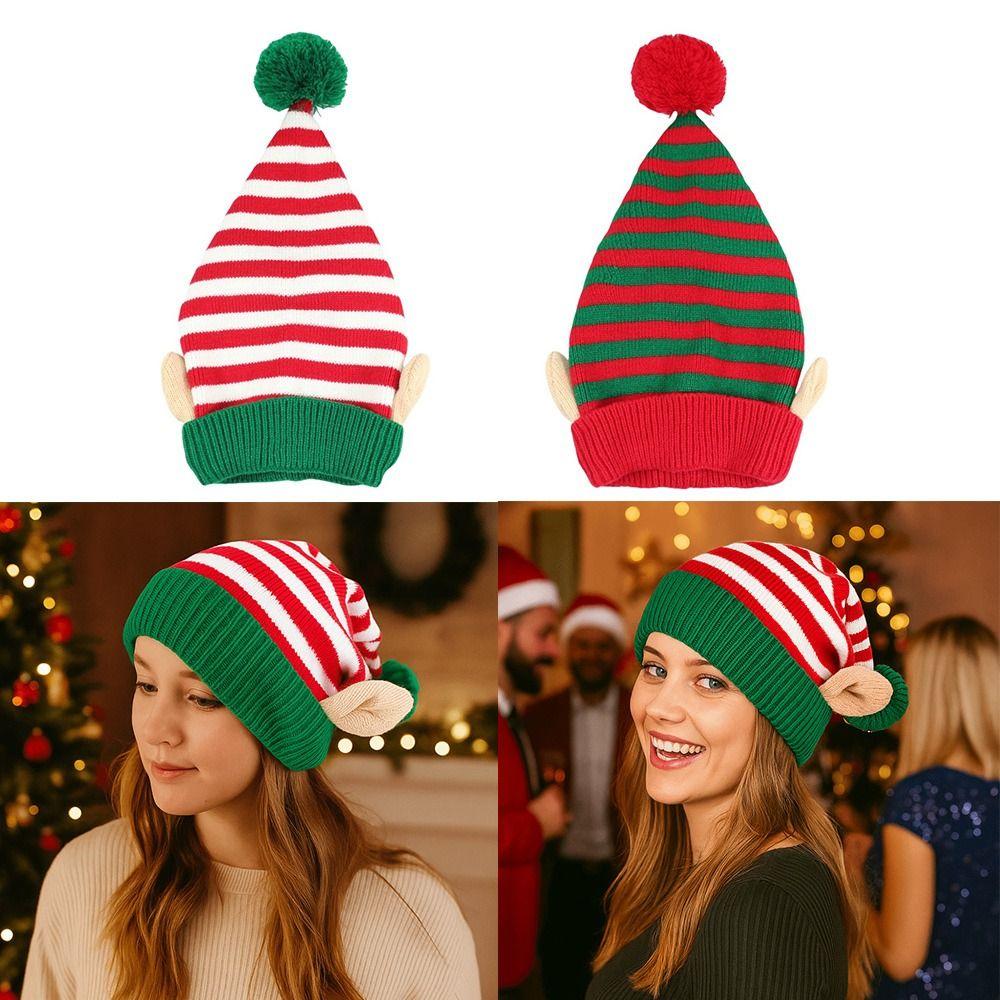 Полосатая Рождественская шапка с украшением в виде маленьких ушек, Рождественская шапка, Жаккардовая шапка с шерстяным помпоном, Праздничная вязаная шапка, Новый год