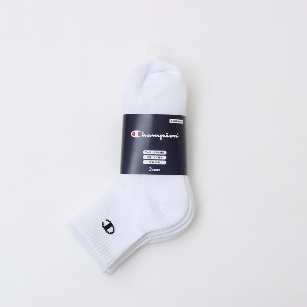 Champion Short Foot Antibacterial and with a Size Cm Men's 3-Pack Socks, Covers, Odor-Resistant, Logo, White, 25.0 (C3-XB721S)