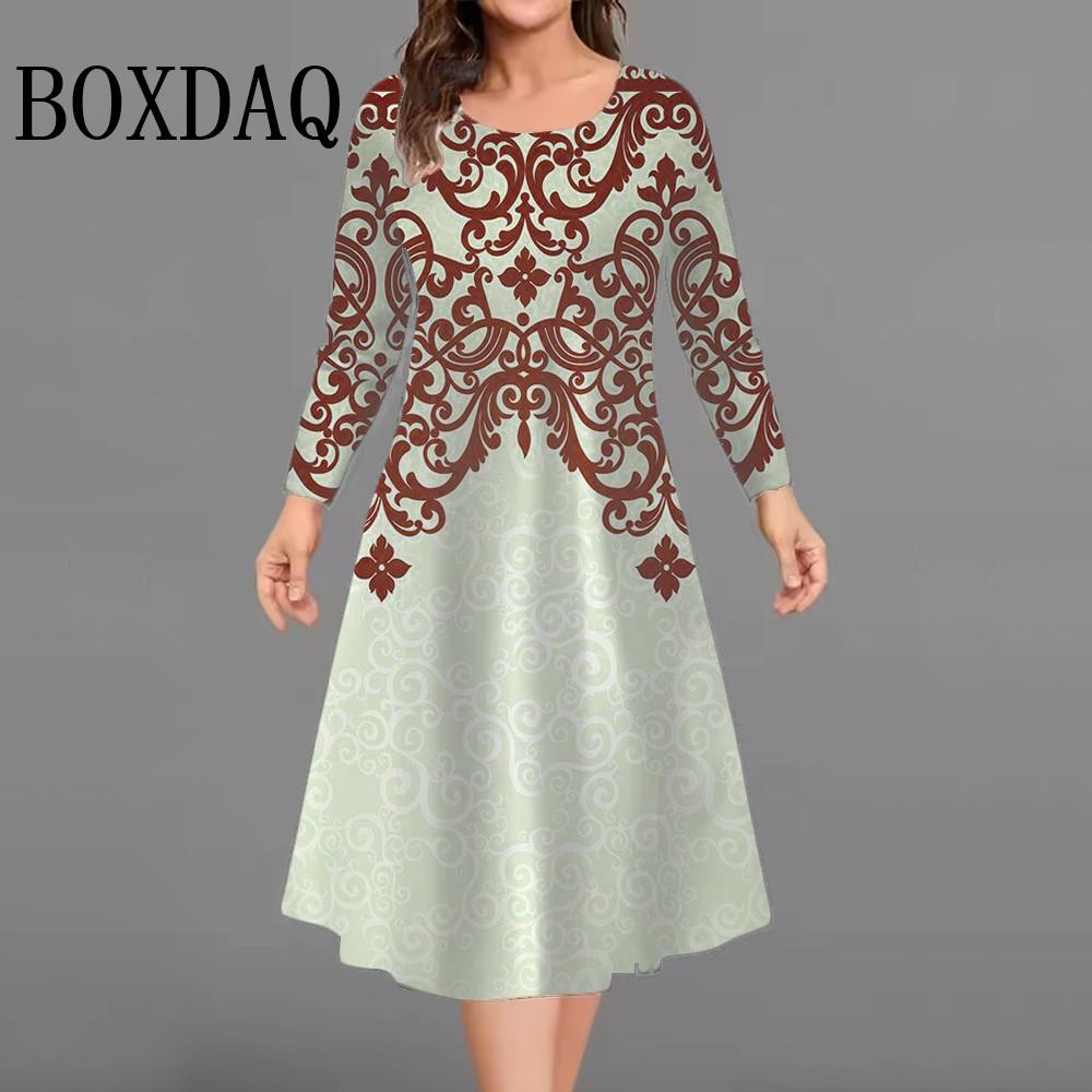 Plus Size Women Dresses Loose Casual Long Sleeve O-Neck Dress 3D Flowers Print Big Size Streetwear Clothing Ladies Dress