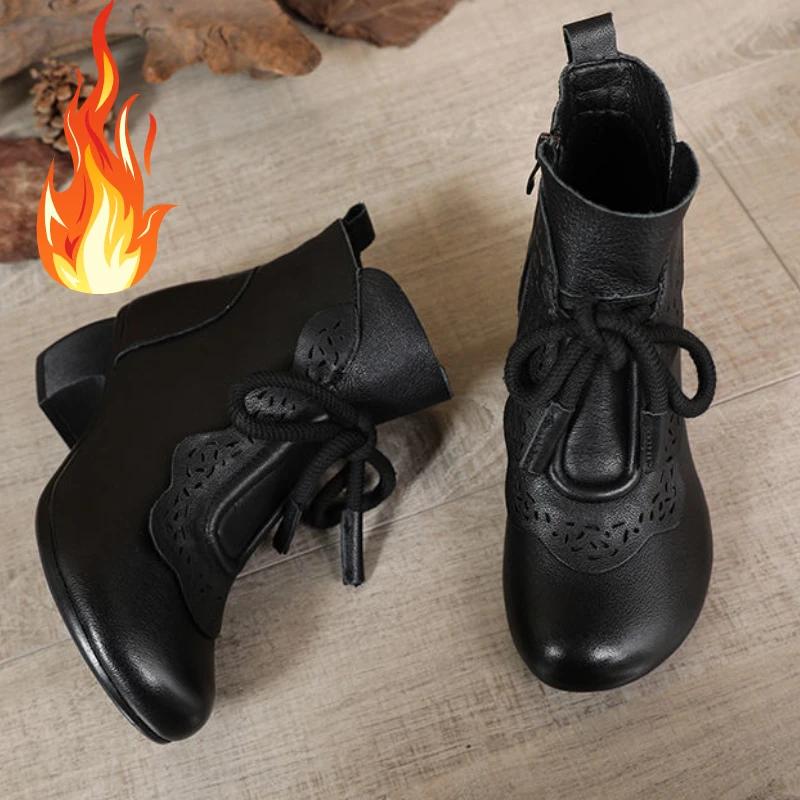 Женские кожаные ботинки Этнический стиль Ретро Мамины короткие ботинки Мягкая подошва Круглый носок Повседневная Нескользящая обувь