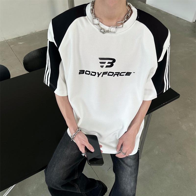 Унисекс футболка с цветными блоками и подплечниками - Мужской повседневный летний топ свободного кроя с коротким рукавом