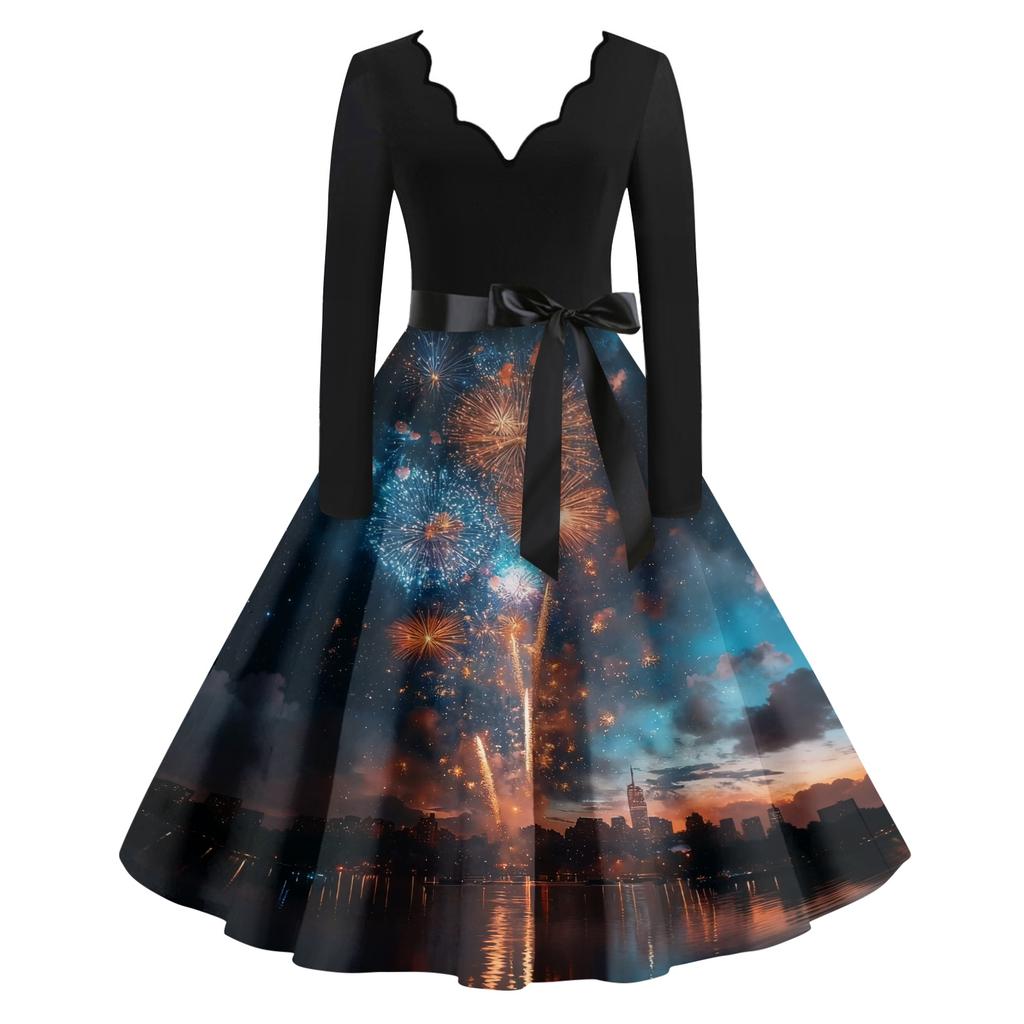 Женское повседневное модное платье винтажного стиля с V-образным вырезом и новогодним принтом