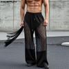 Men Mesh Patchwork Pants High Waist Tassel See Through Trousers