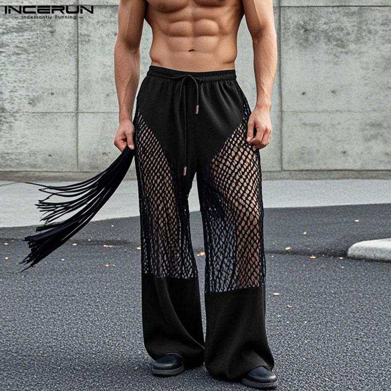 INCERUN Men Mesh Patchwork Pants High Waist Tassel See Through Trousers