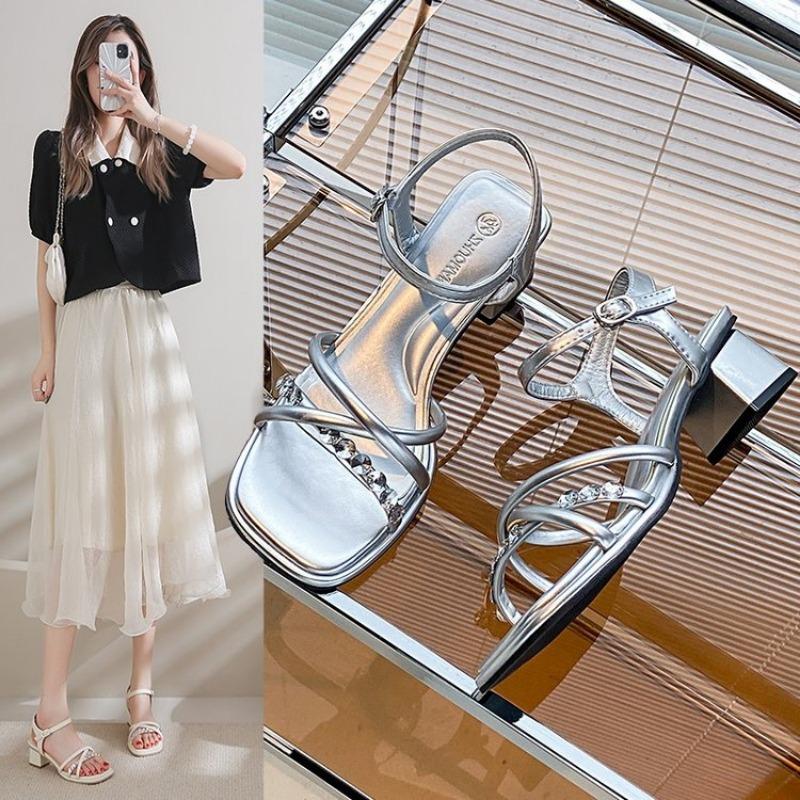 Модные ремешки Женские туфли на каблуке Сандалии Пряжка Серебристый Однотонный Летняя обувь для женщин Летние сексуальные туфли для вечеринок