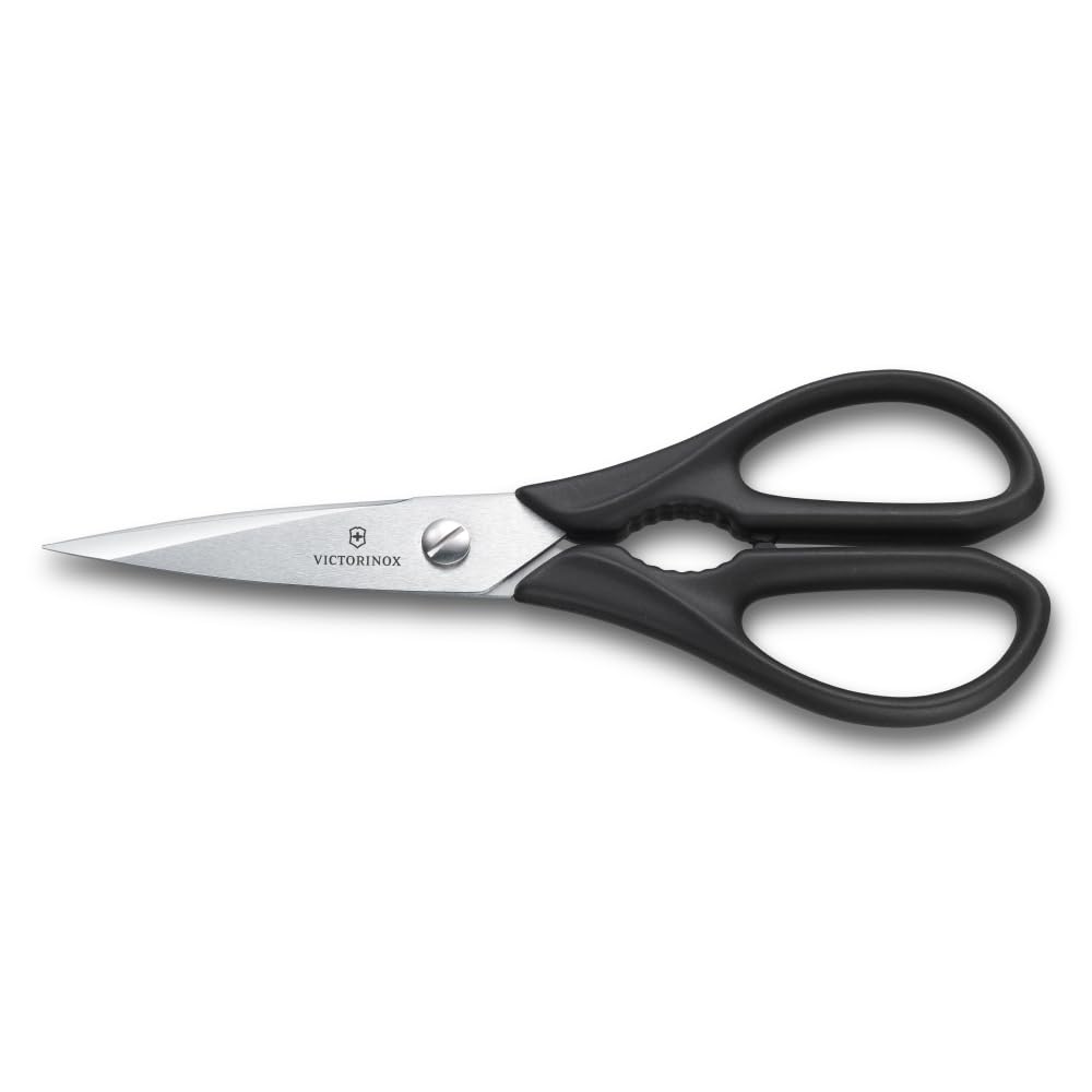 Victorinox Кухонные ножницы для открывания банок, раскалывания и с острыми лезвиями из нержавеющей стали, многоцелевые, для крышек, орехов и многого другого, черные, безопасные для использования в микроволновой печи