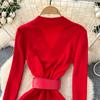 Spring Autumn Women Casual V-neck Full Sleeve Knitted Sweater Midi Pencil Dresses with Belt