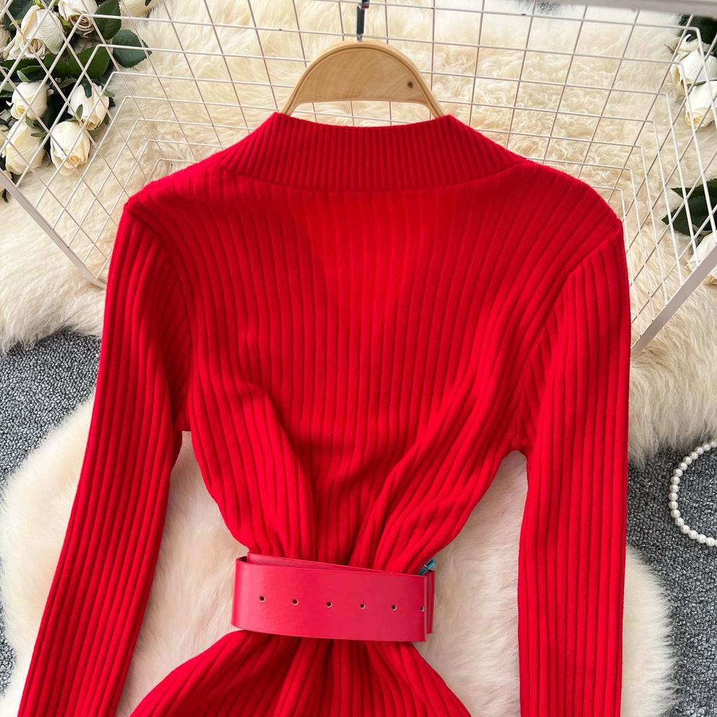 Spring Autumn Women Casual V-neck Full Sleeve Knitted Sweater Midi Pencil Dresses with Belt