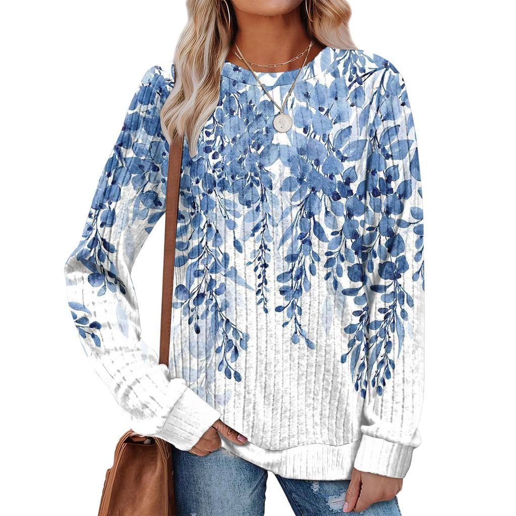 Fashionable Women's Long Sleeved Floral Printed Lightweight Sweater With Loose Round Neck Top