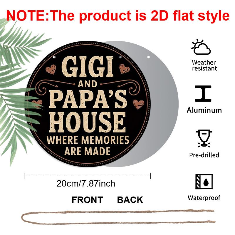 2D Flat, A Vintage "Gigi And Papa'S House" Round Aluminum Sign, Rustic Home And Garden Wall Decor with Heart Accents, Perfect Gift for Grandparents