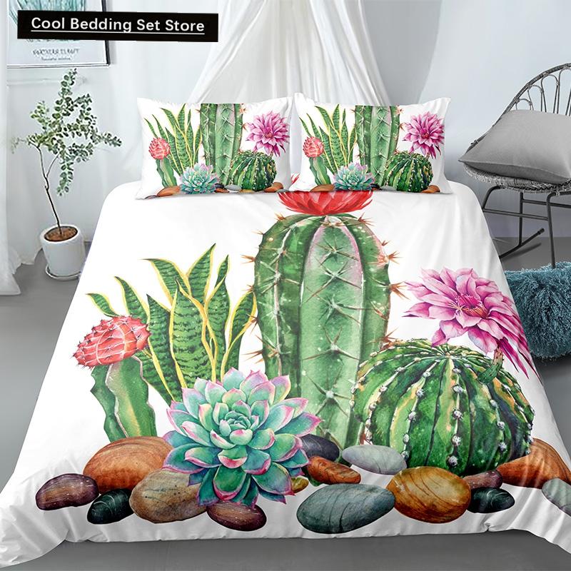 Пододеяльник Cactus King Queen Набор постельного белья с суккулентами для детей, подростков, взрослых Зеленый Ботанический с цветами 2/3 предмета Полиэстеровый пододеяльник