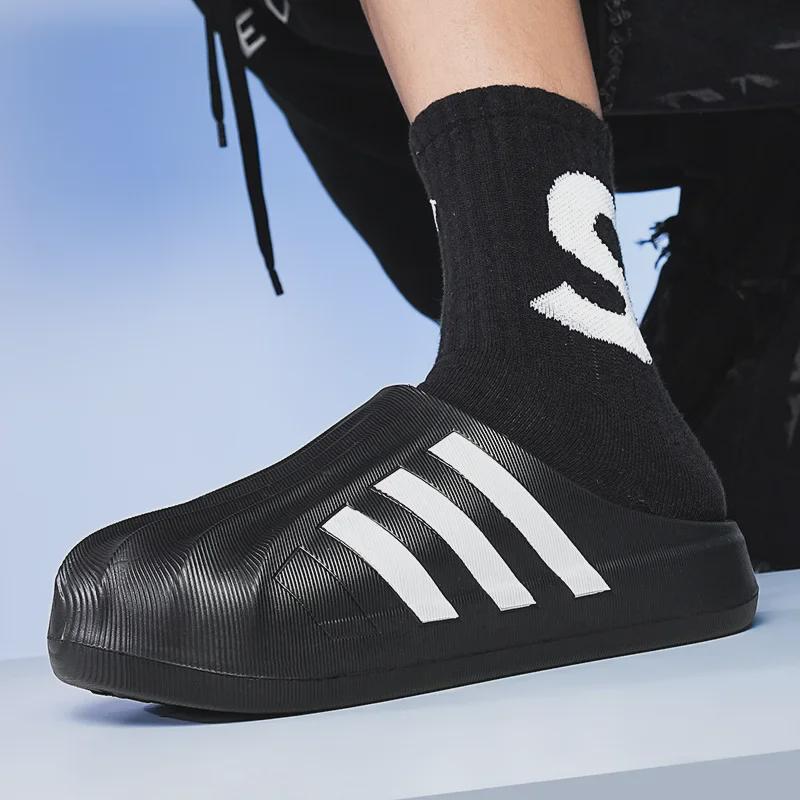 Unisex Black and White Slip-On Shell Toe Slippers with Thick and Light Soles - Campus Trend All-Match.