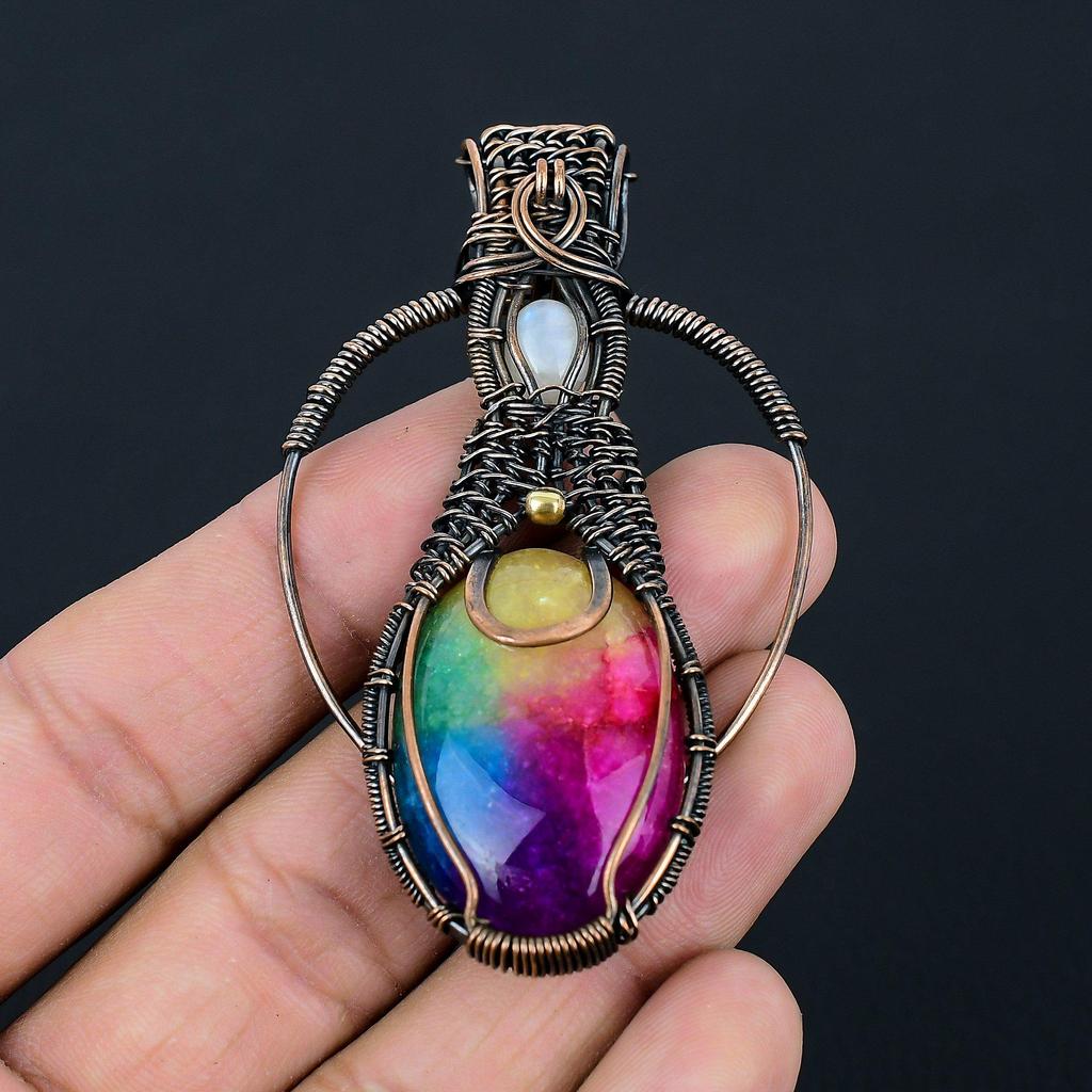 Rainbow Solar Quartz & Moonstone Gemstone Handmade Pure Copper Wire Wrap Jewelry Pendant For Her