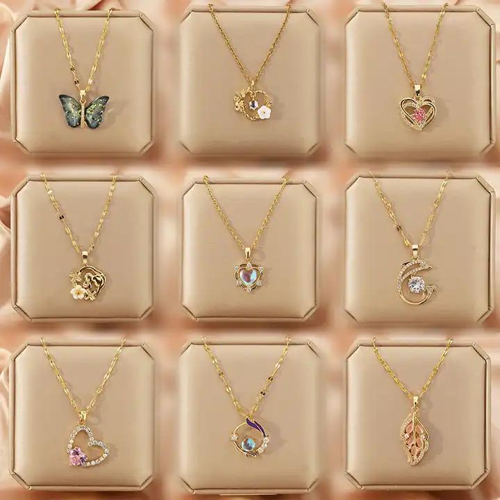 Luxury Shiny Stainless Steel 18k Gold Zircon Heart Butterfly Pendant Necklace Women Boutique Pearl Flower Leaf Necklace for Gift