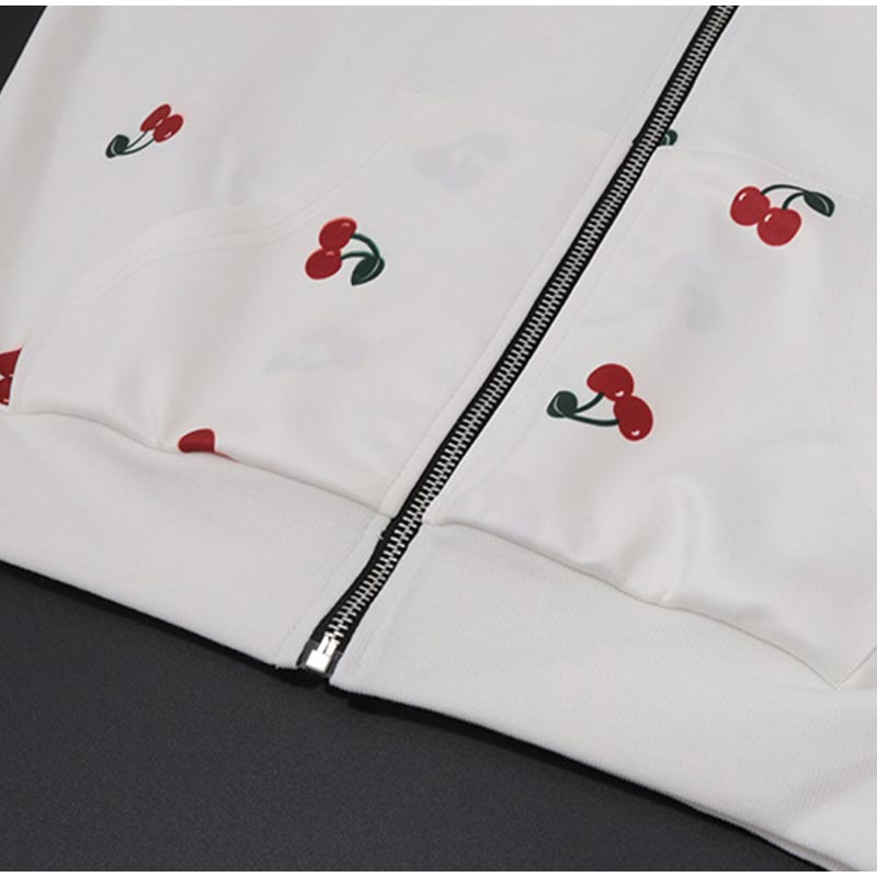 Женская модная белая толстовка с капюшоном с принтом вишни 2025 года, весна, женская свободная уличная толстовка с длинным рукавом и капюшоном на молнии