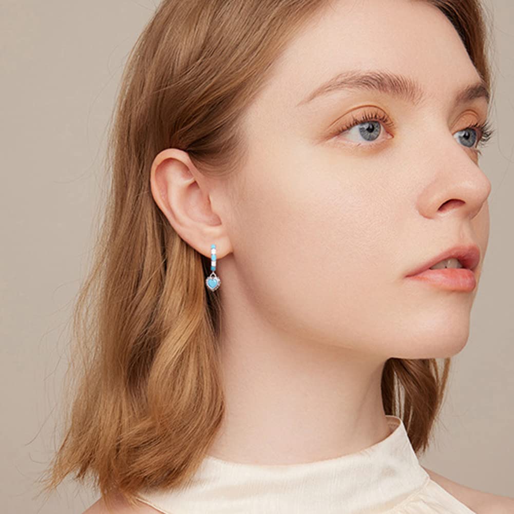 Rockyu Earrings for 925 Turquoise Heart Hoop Swaying Ring Sterling Hypoallergenic to Birthday Jewelry Women, Small, Beautiful, Silver, Earrings,