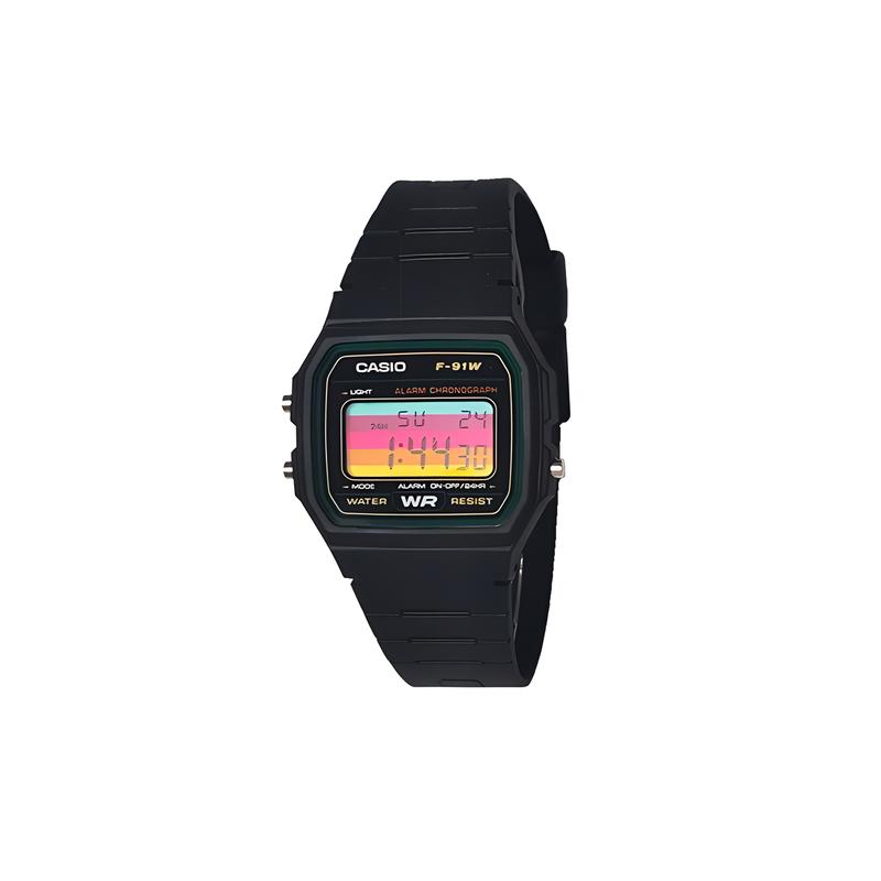 Casio Индивидуальные часы, модифицированная серия, разноцветное, с горизонтальной полосой, зеркальный, черный эпоксидный корпус, классический ретро -3 модифицированный-Symp F-91W
