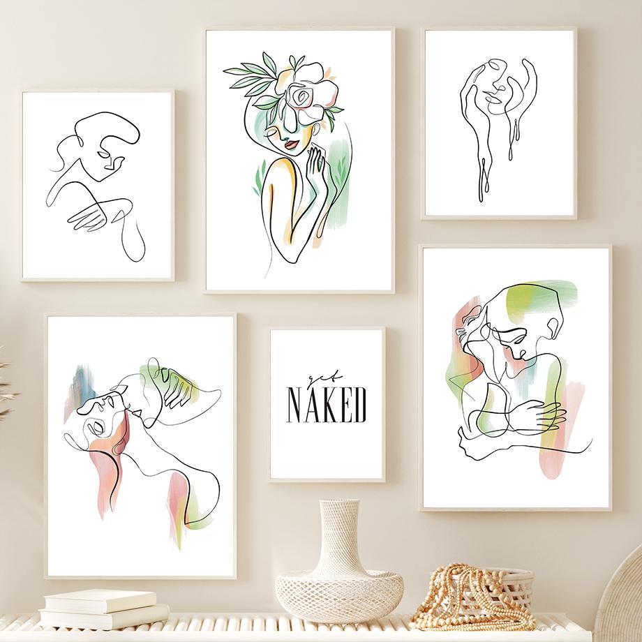 Настенная картина на холсте, линия, девушка с цветочным узором, минималистичные постеры на скандинавскую тему и принты, настенные панно для гостиной, домашний декор